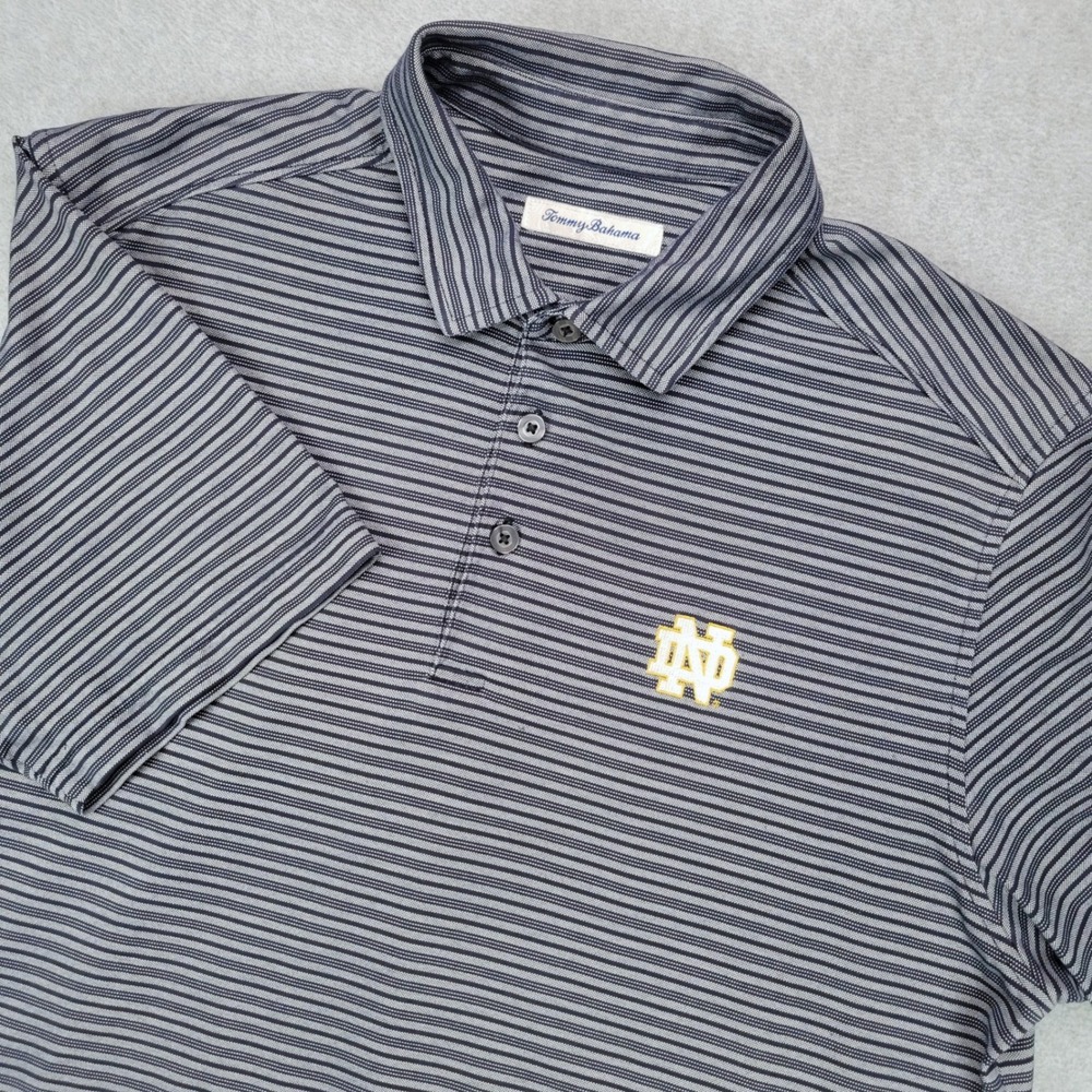 Tommy Bahama Polo Shirt Men Large Navy Gray Striped Notre Dame Logo